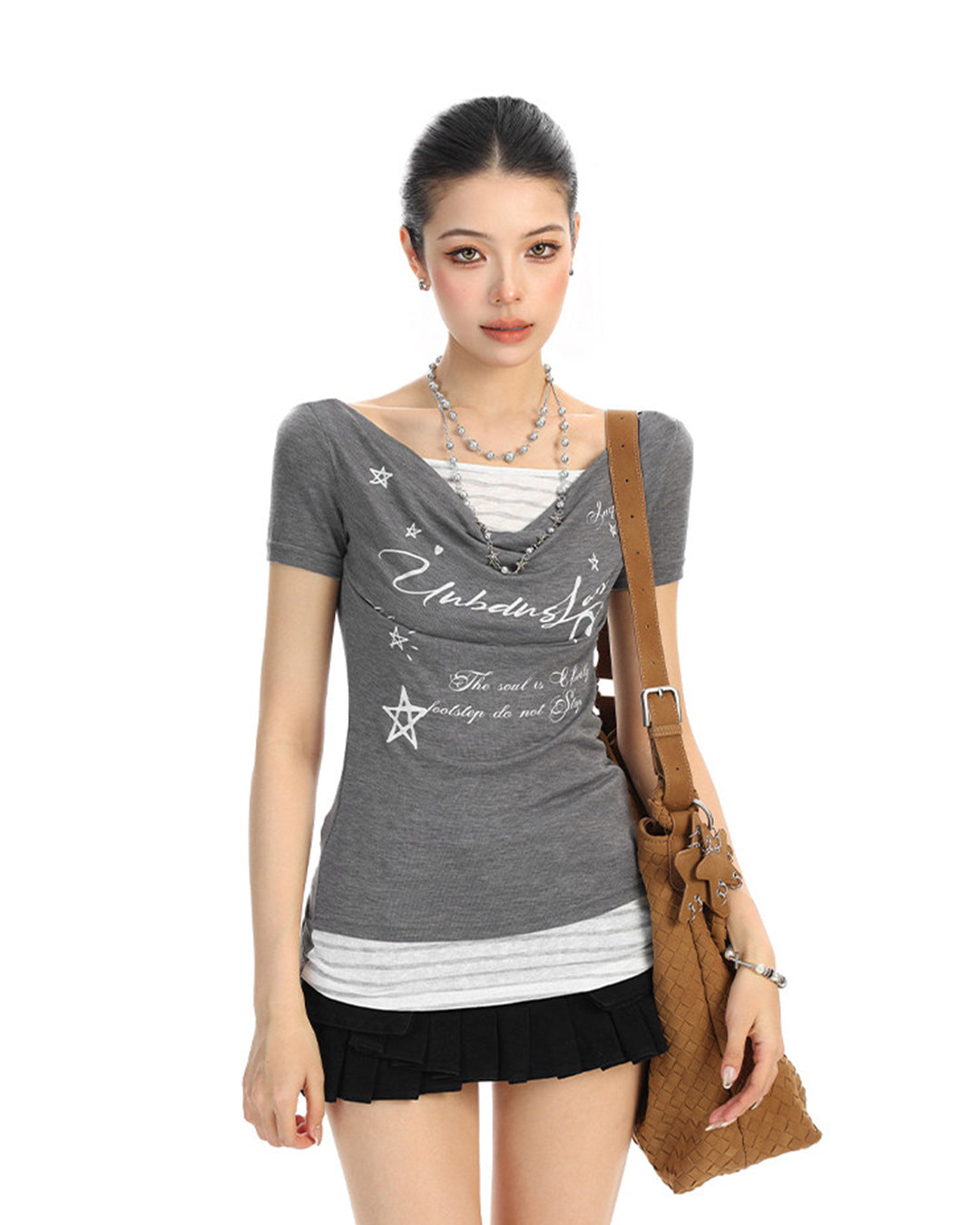 GRAPHIC LETTER LAYERED-LOOK DRAPED T-SHIRTS - GREY