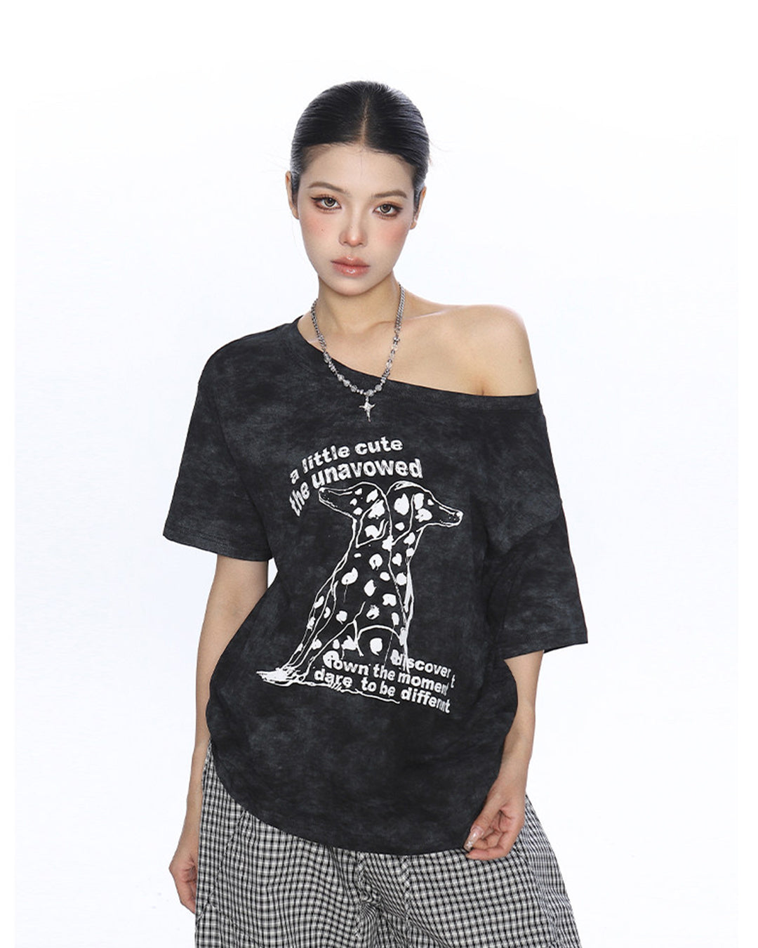 DALMATIAN PRINT ASYMMETRIC SHOULDER T-SHIRTS - BLACK