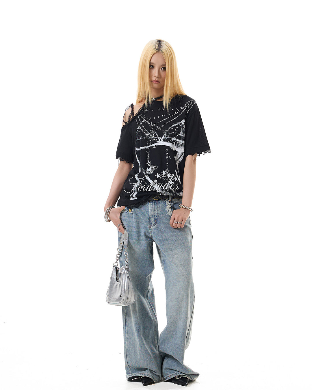 BIKINI PRINT LACE PANEL OFF-SHOULDER T-SHIRTS - BLACK