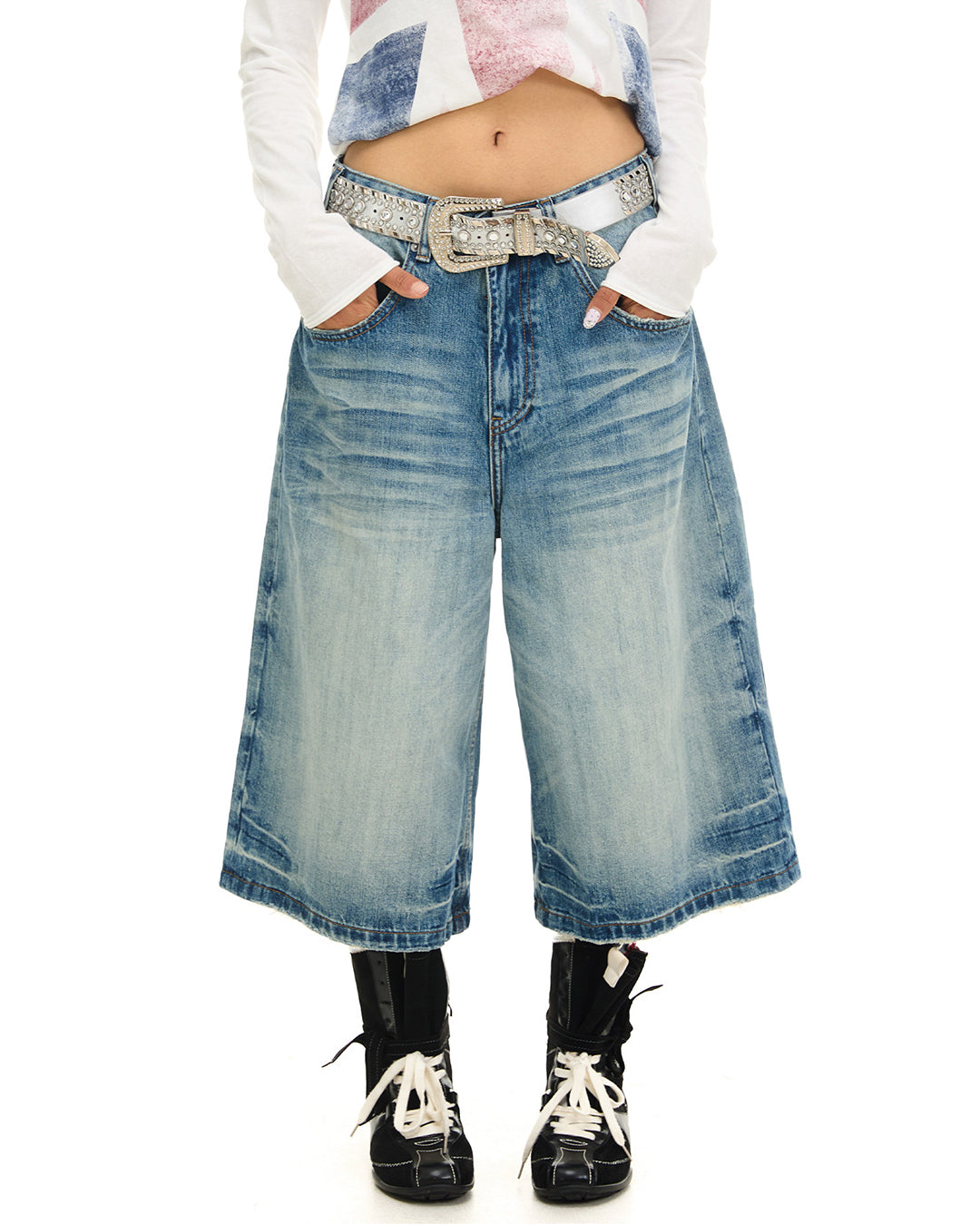 VINTAGE FADED WHISKER JORTS - BLUE