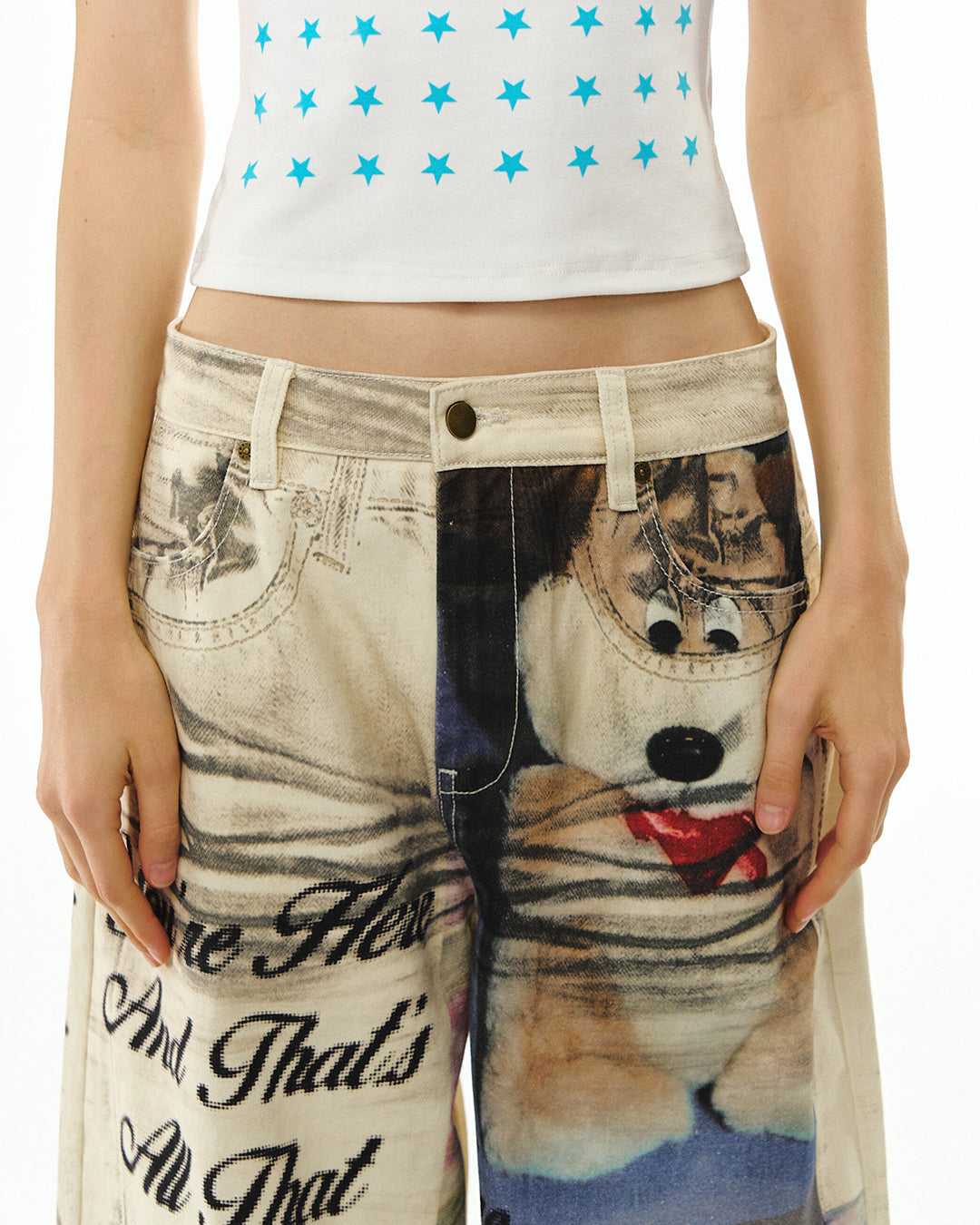 PLUSH PUPPY PRINT DENIM JEANS - OFF WHITE