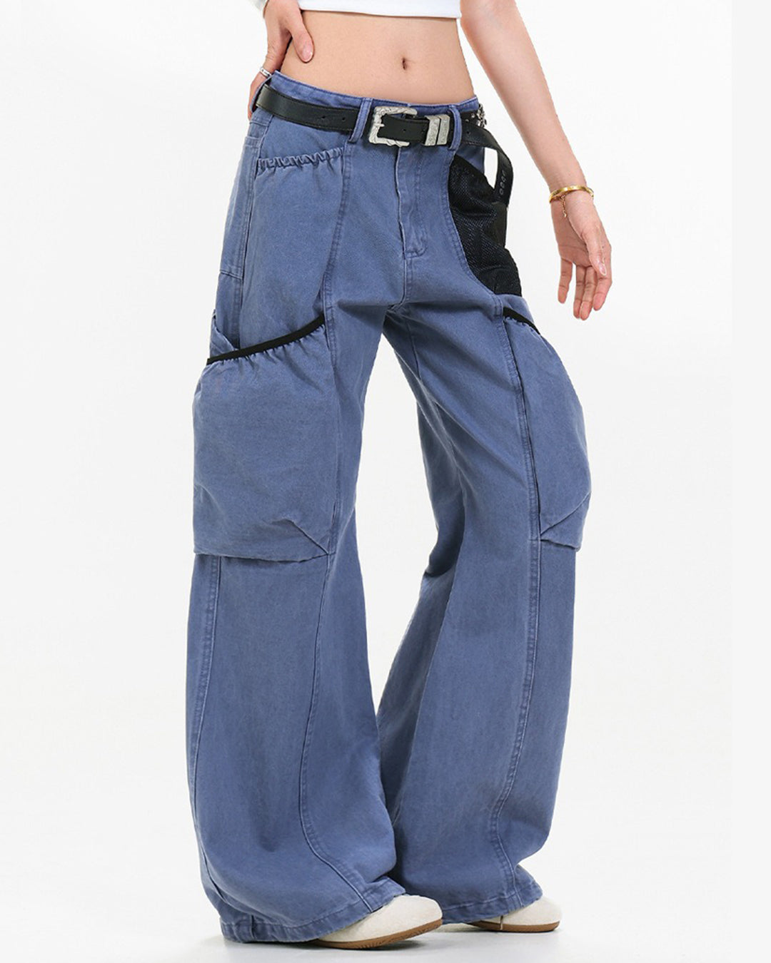 MESH BAG PATCHWORK MULTI-POCKET CARGO PANTS - BLUE