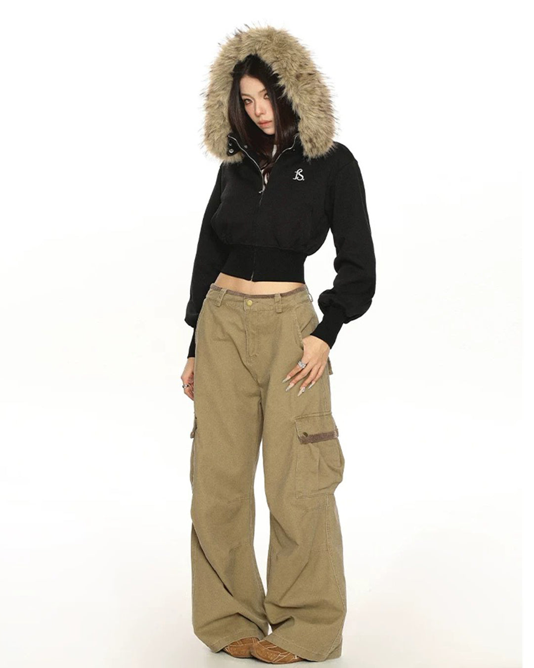 FUR COLLAR CROPPED ZIP HOODIES - BLACK