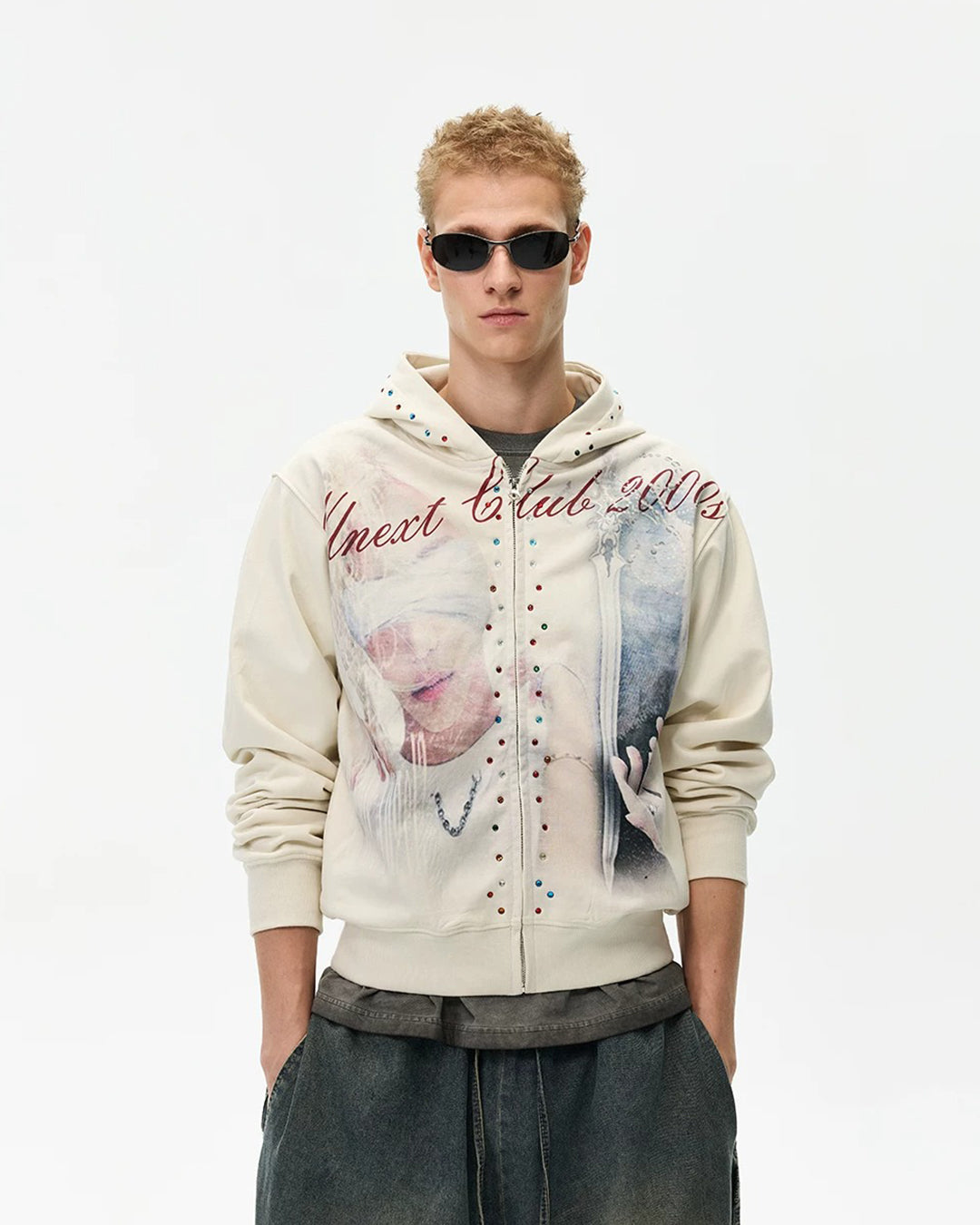 CROPPED RHINESTONE ZIP-UP HOODIES - Beige