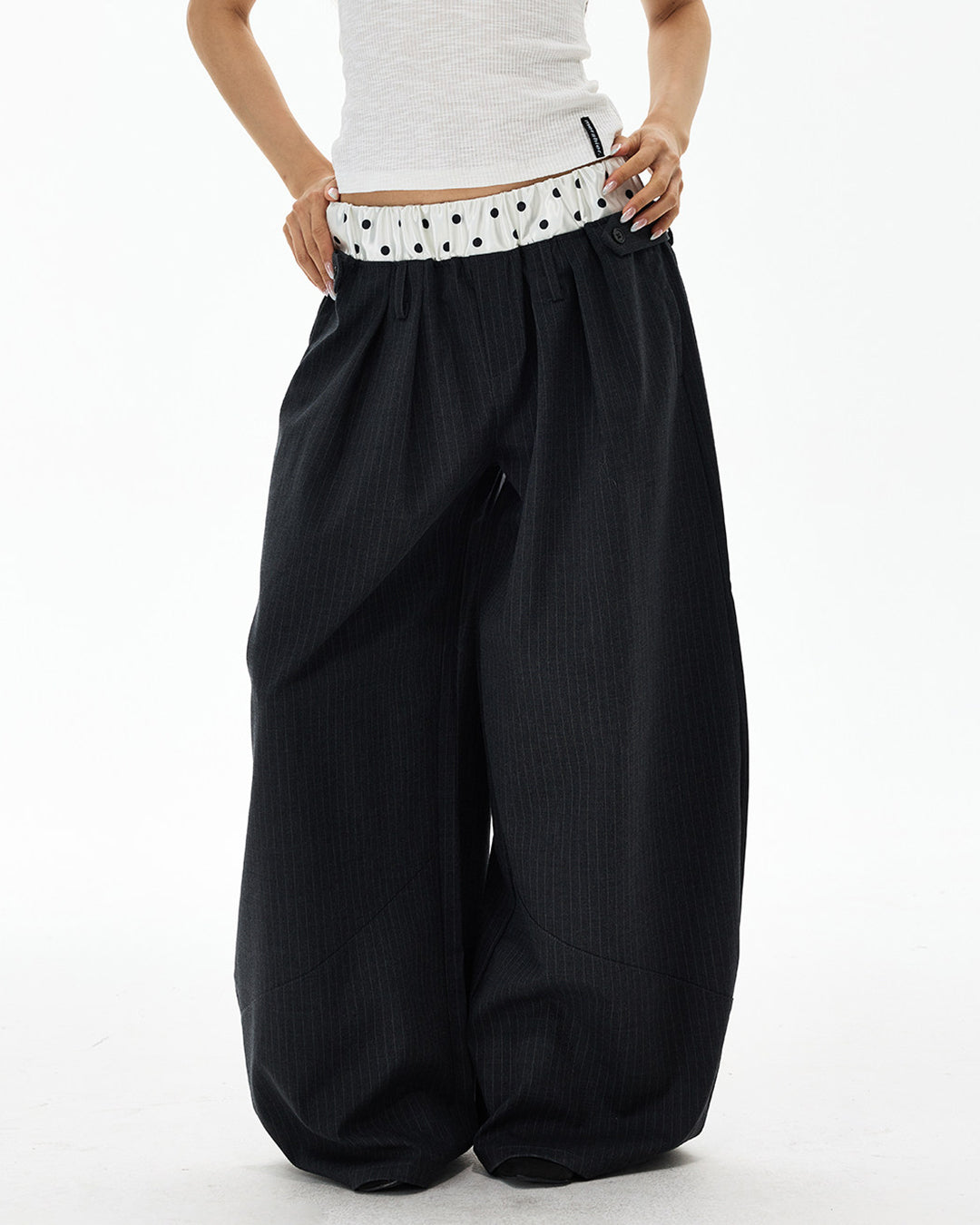 POLKA DOT DOUBLE WAIST STRIPED CASUAL PANTS - GRAY