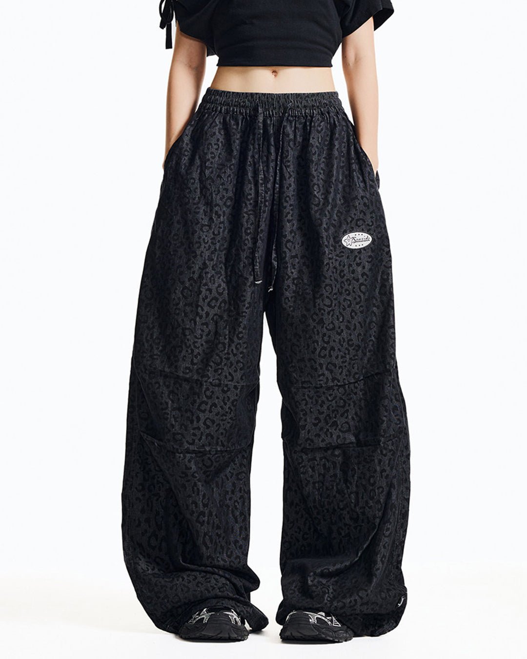 LEOPARD PRINT WIDE LEG DANCE DENIM PANTS - BLACK