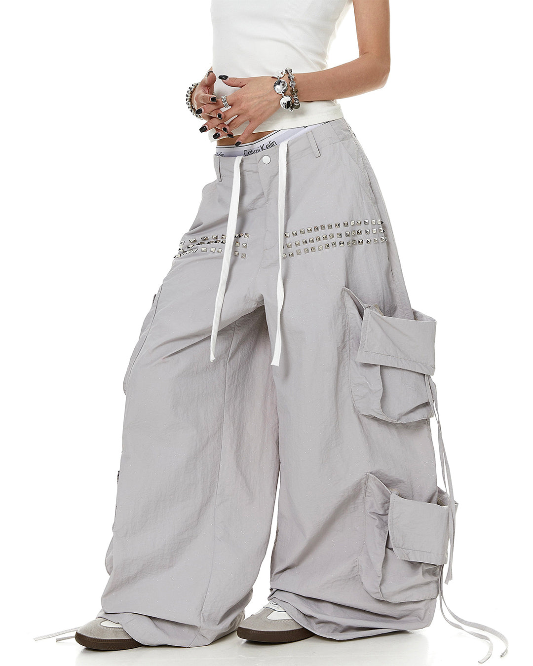 ALL-OVER SEQUIN STUDDED PARACHUTE CARGO PANTS -  GRAY