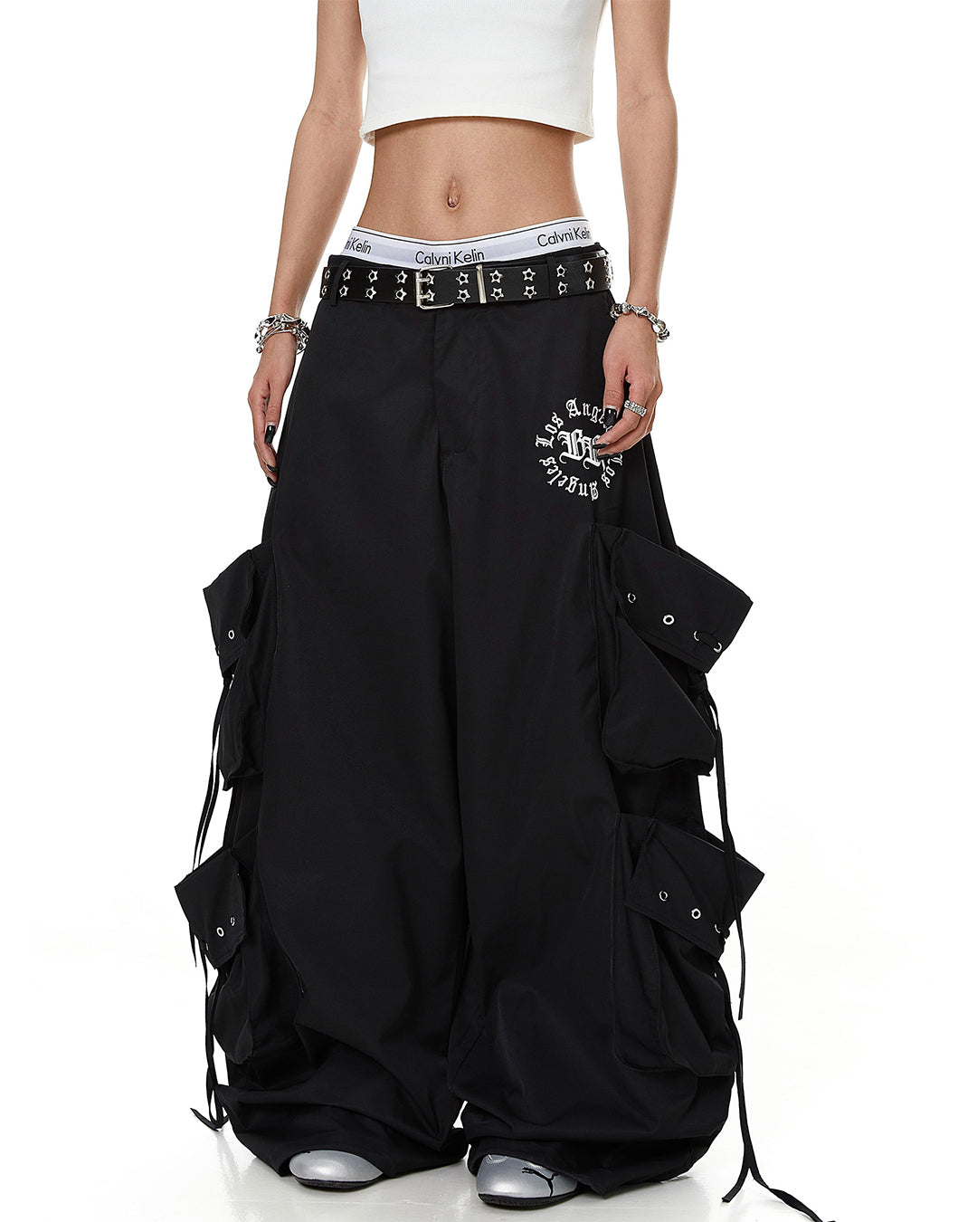 MULTI-POCKET PARACHUTE DANCE CARGO PANTS - BLACK
