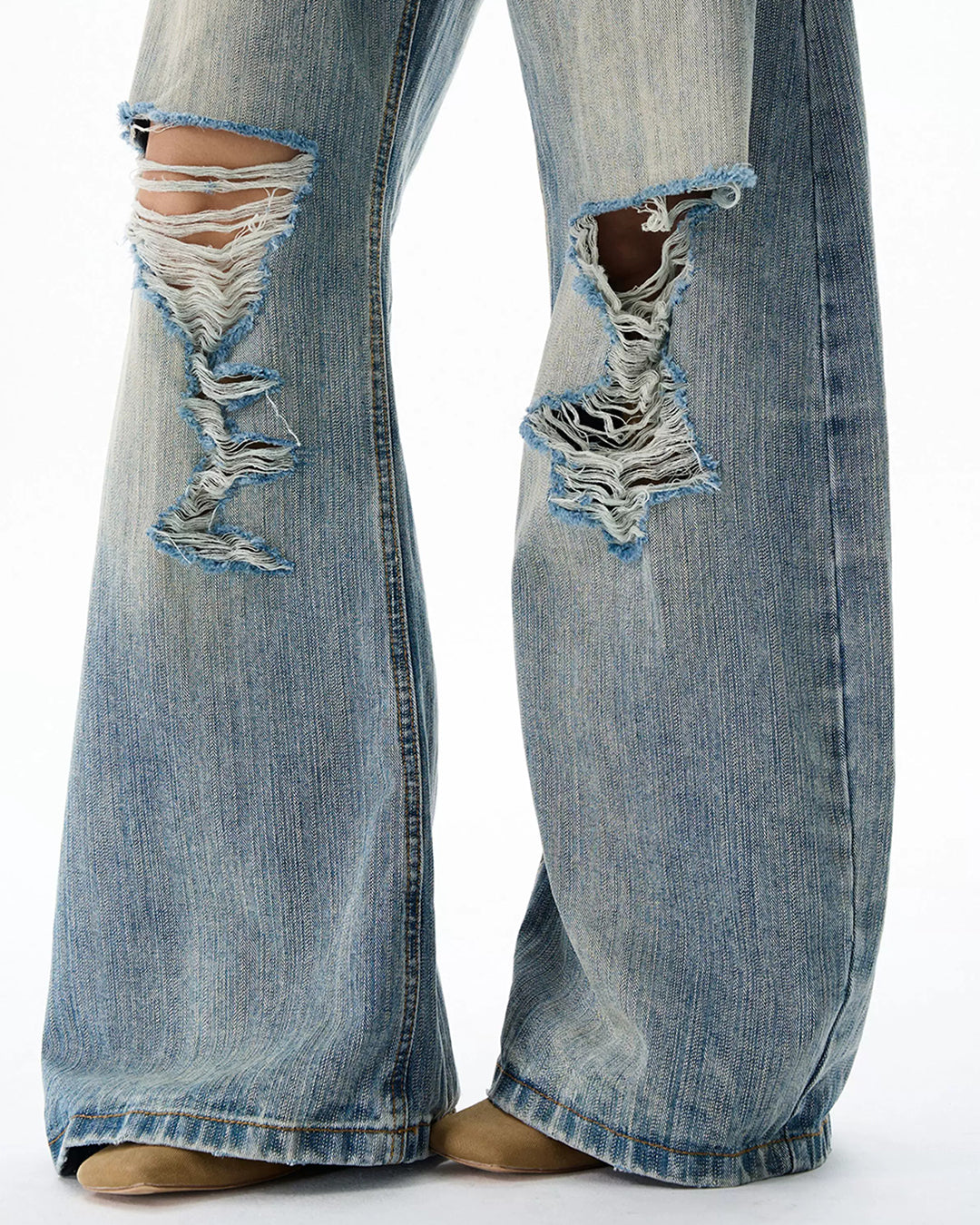 DISTRESSED SLUB CURVED LEG DENIM PANTS - BLUE