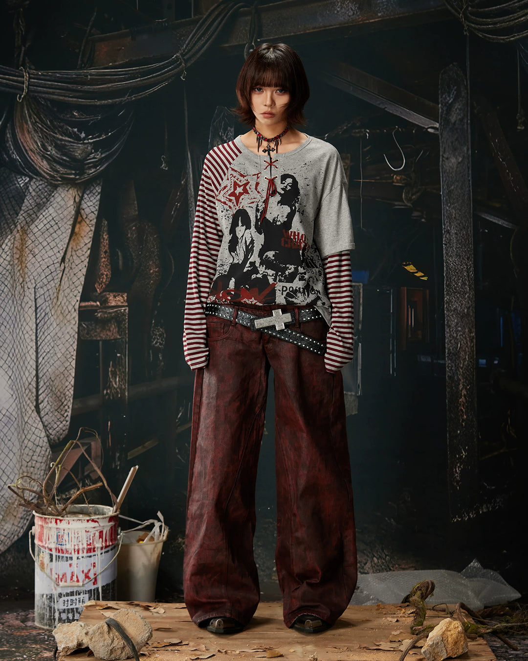 PUNK PATCHWORK STRIPED PRINT TOPS