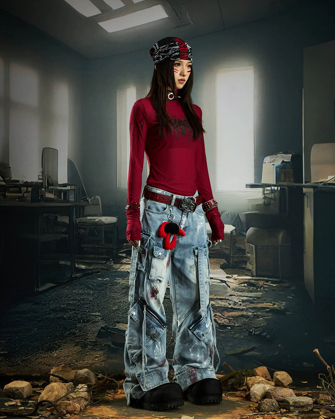 SLIM FIT HIGH NECK RUBBER PRINT TOPS - RED