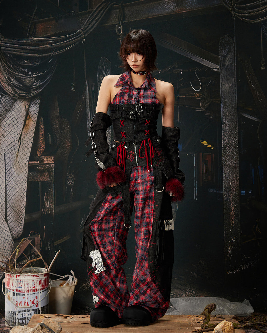 EMBROIDERED PATCHWORK PLAID DENIM PANTS - BLACK &amp; RED