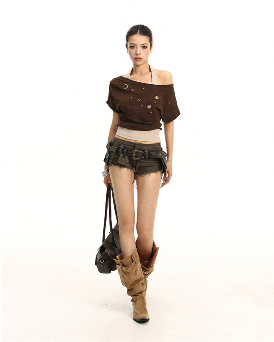 ASYMMETRIC METAL BUCKLE LAYERED T-SHIRTS - COFFEE