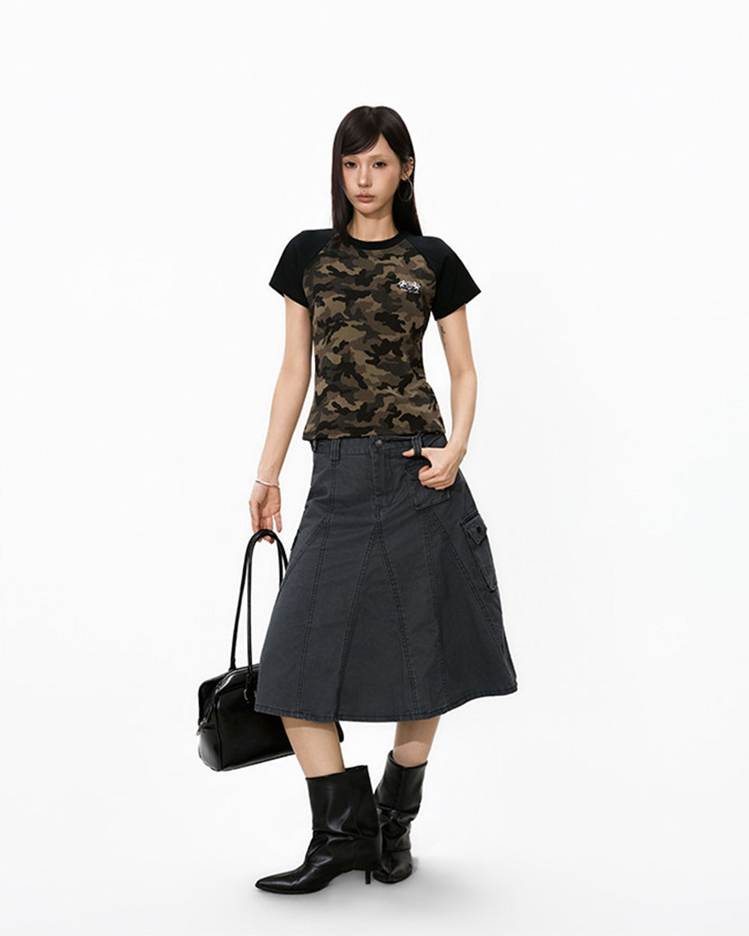 VINTAGE WASH UTILITY MIDI SKIRTS - GREY