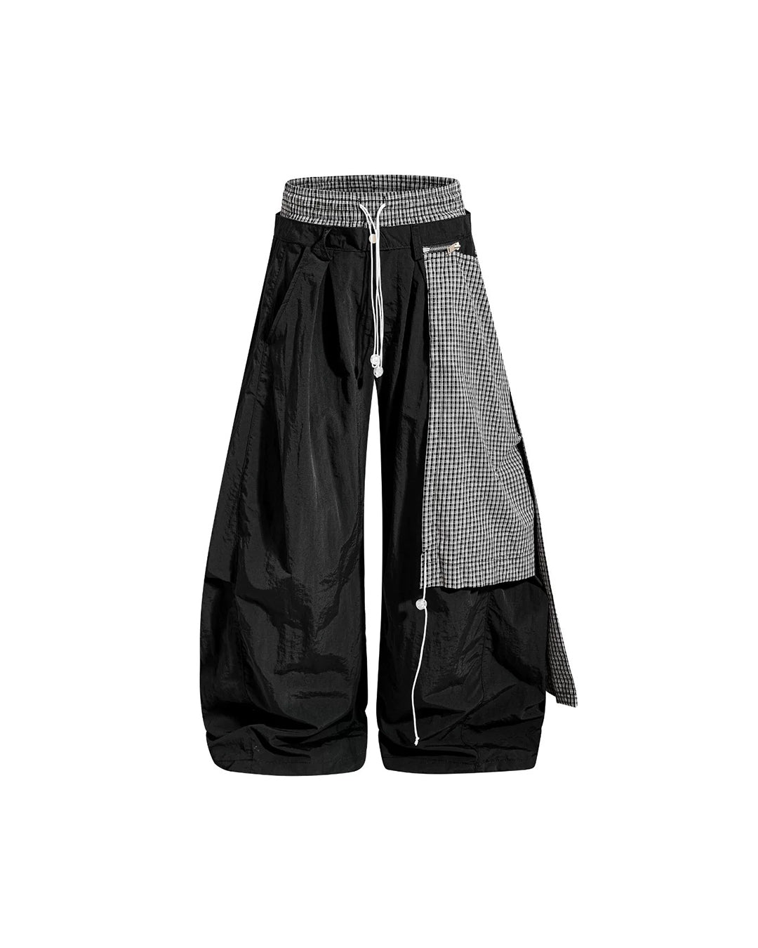 DOUBLE WAIST PLAID APRON PARACHUTE PANTS - BLACK