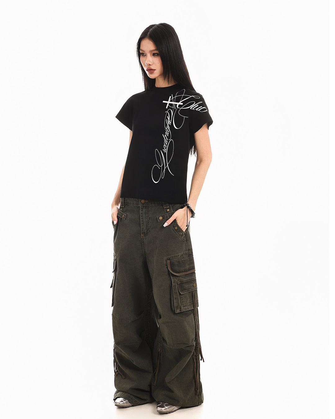 VINTAGE LETTER PRINT SLIM FIT CROPPED T-SHIRTS - BLACK