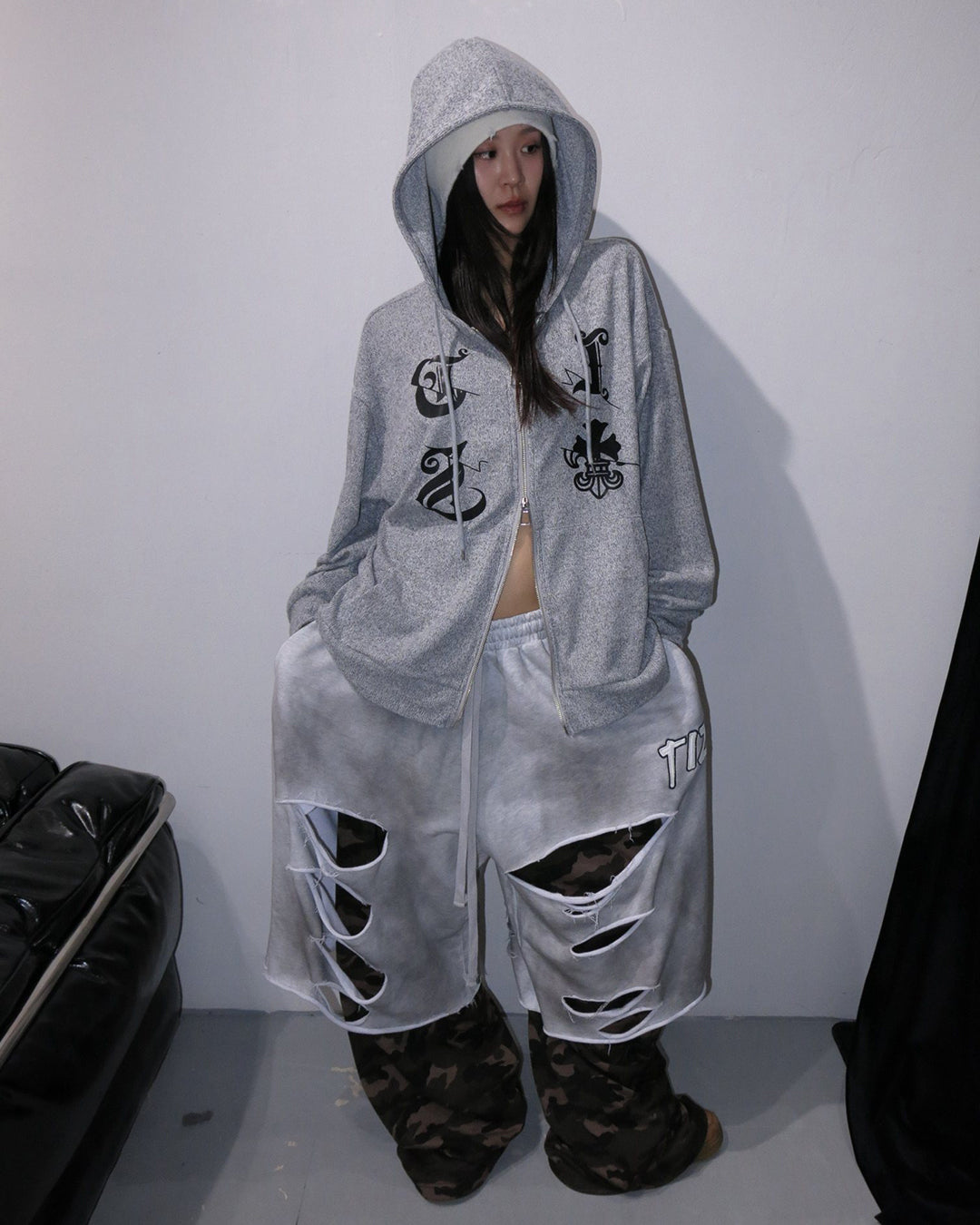 VINTAGE DISTRESSED RIPPED CAMO DOUBLE LAYER SWEATS - CAMO