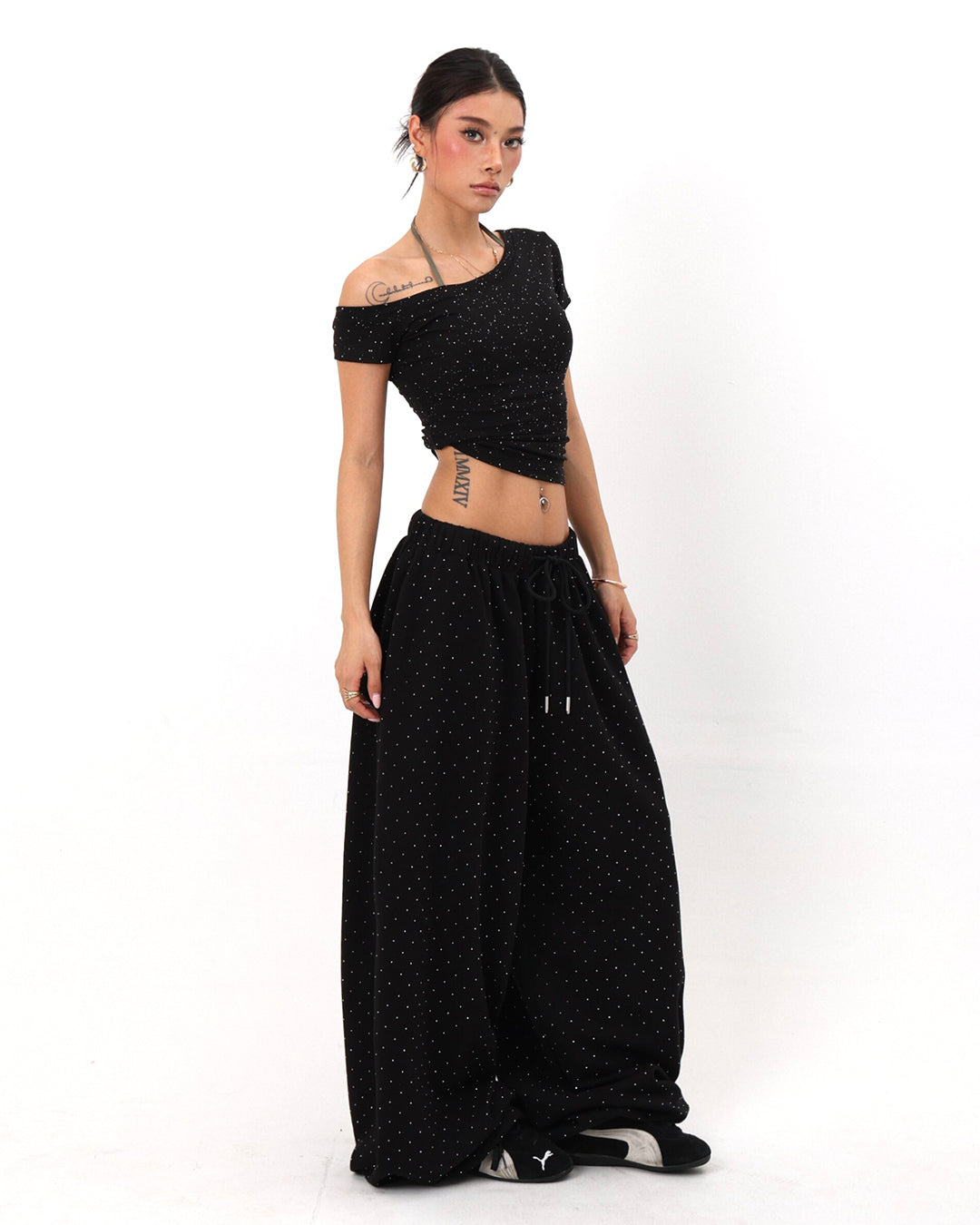 STARLIGHT RHINESTONE EMBELLISHED JAZZ PANTS - BLACK