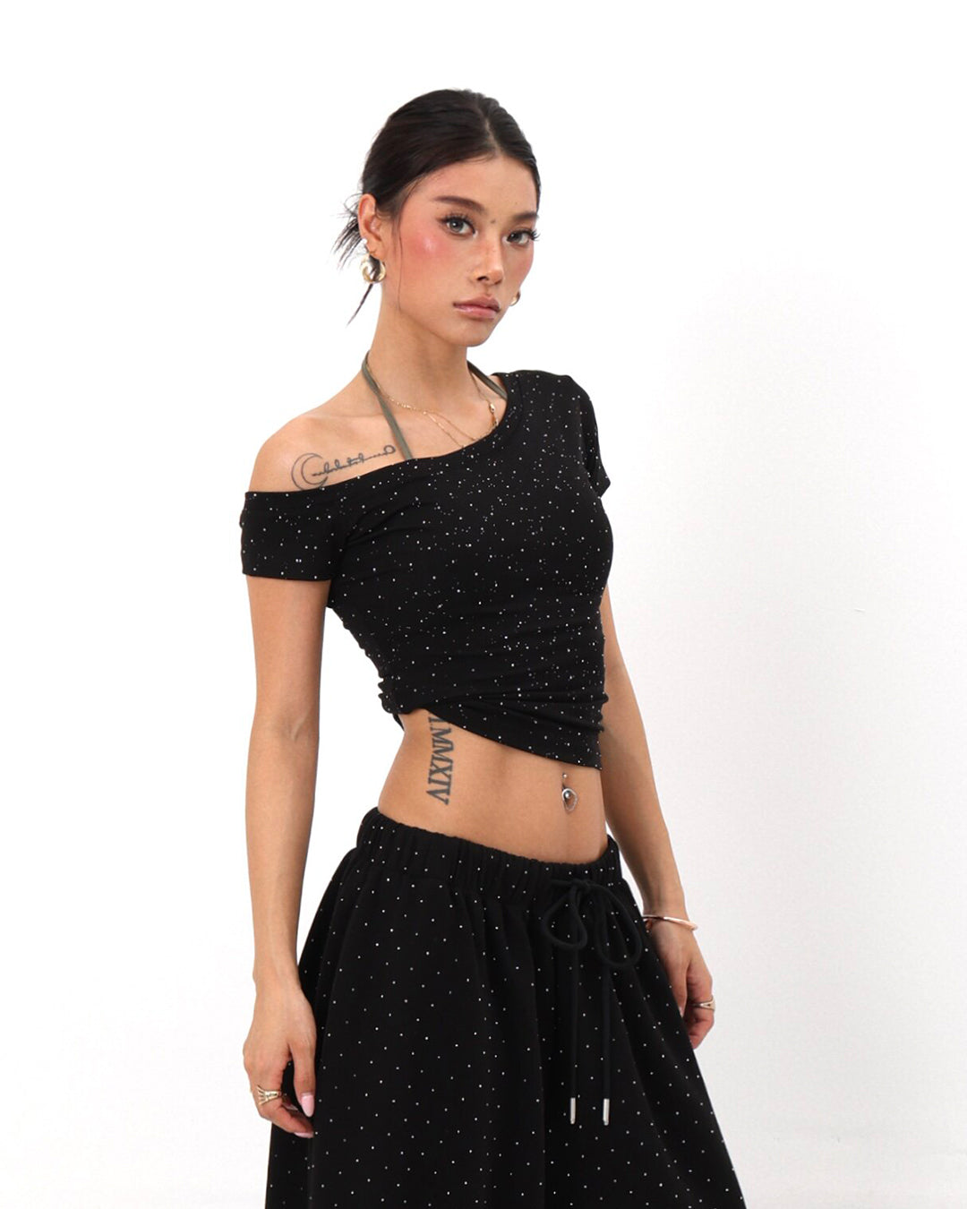 STARLIGHT RHINESTONE ONE-SHOULDER T-SHIRTS - BLACK