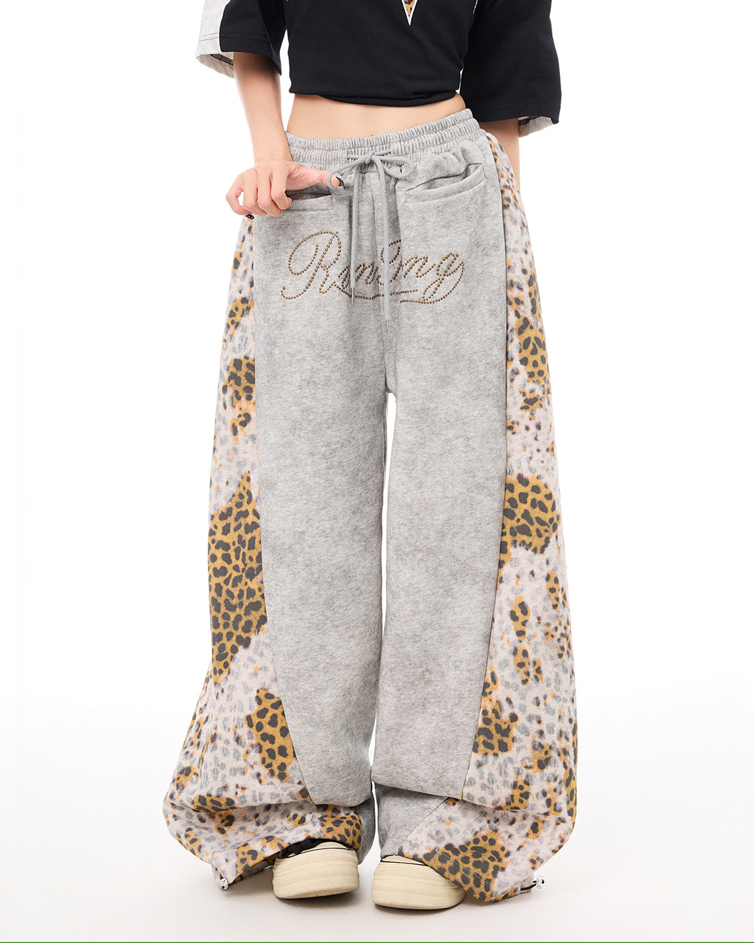 VINTAGE DIRTY-WASH LEOPARD PANEL BEADED JOGGERS - GREY