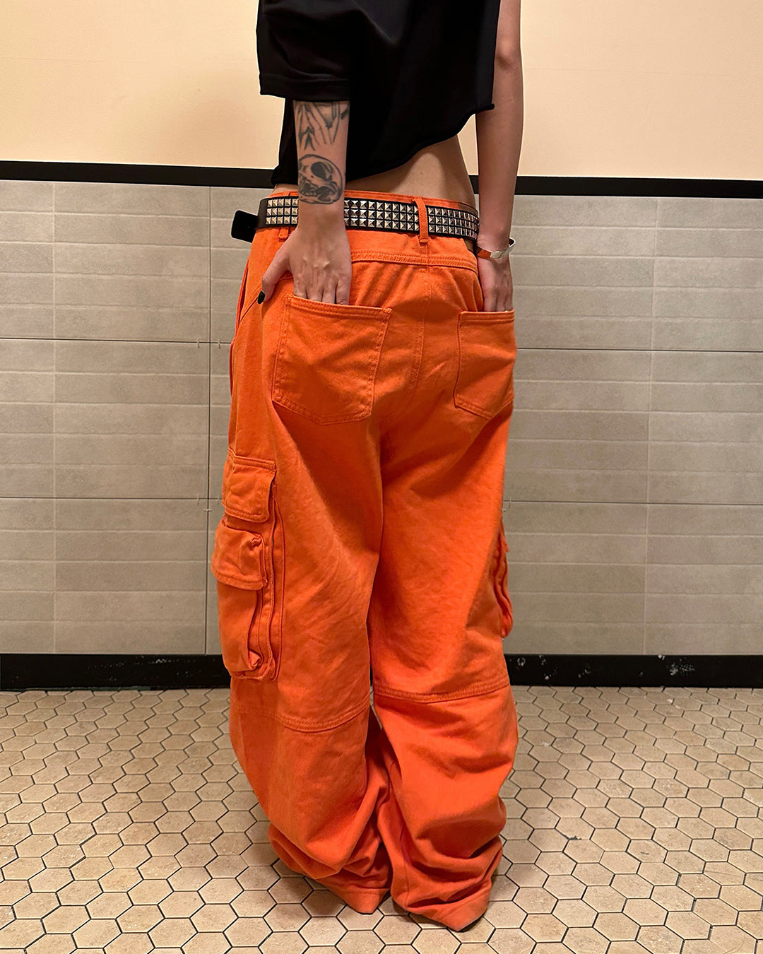 MULTI-POCKET WIDE LEG CARGO PANTS - ORANGE