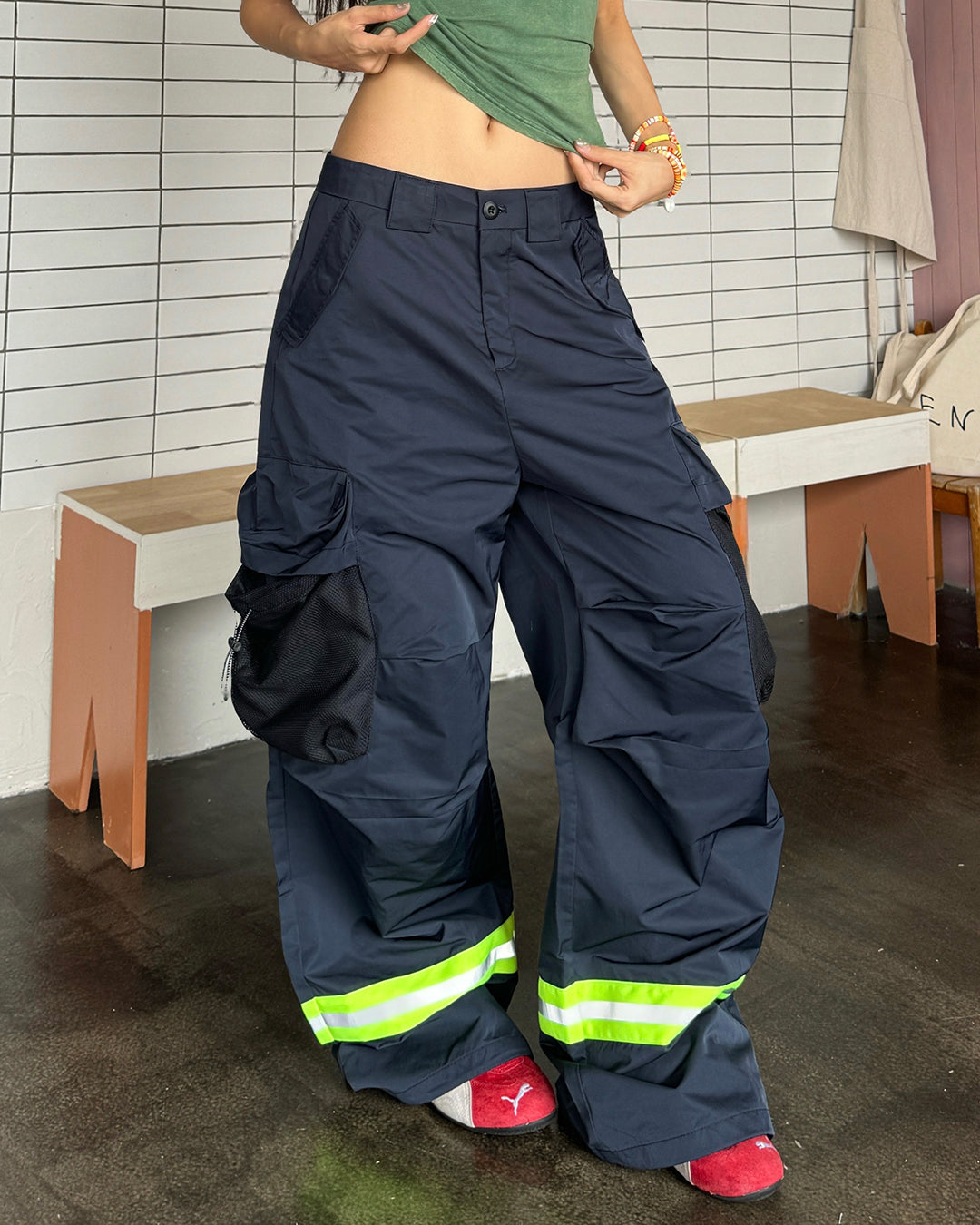 STREETWEAR REFLECTIVE STRIP CARGO PANTS - NAVY BLUE