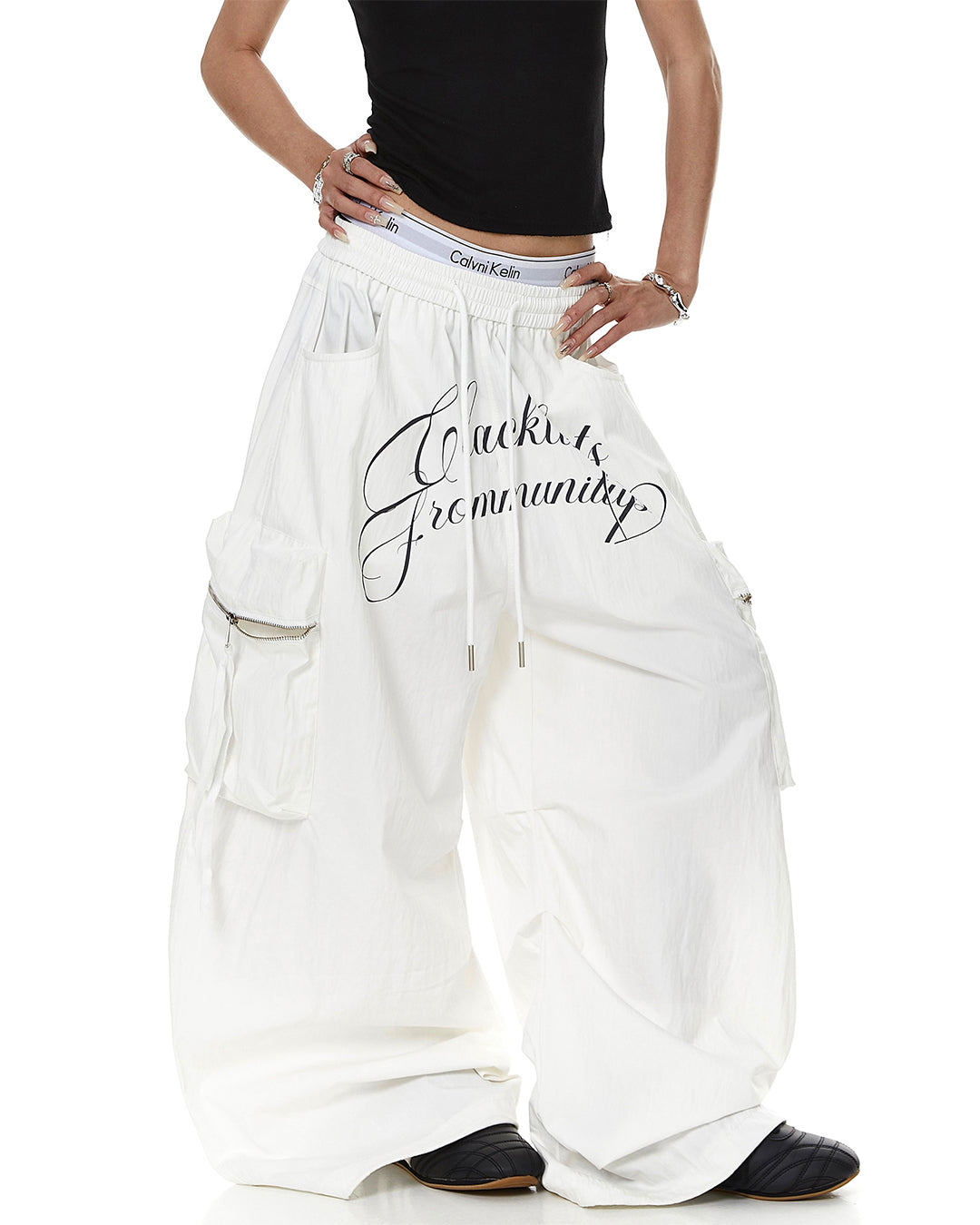 LETTER PRINT MULTI-POCKET PARACHUTE CARGO PANTS - WHITE