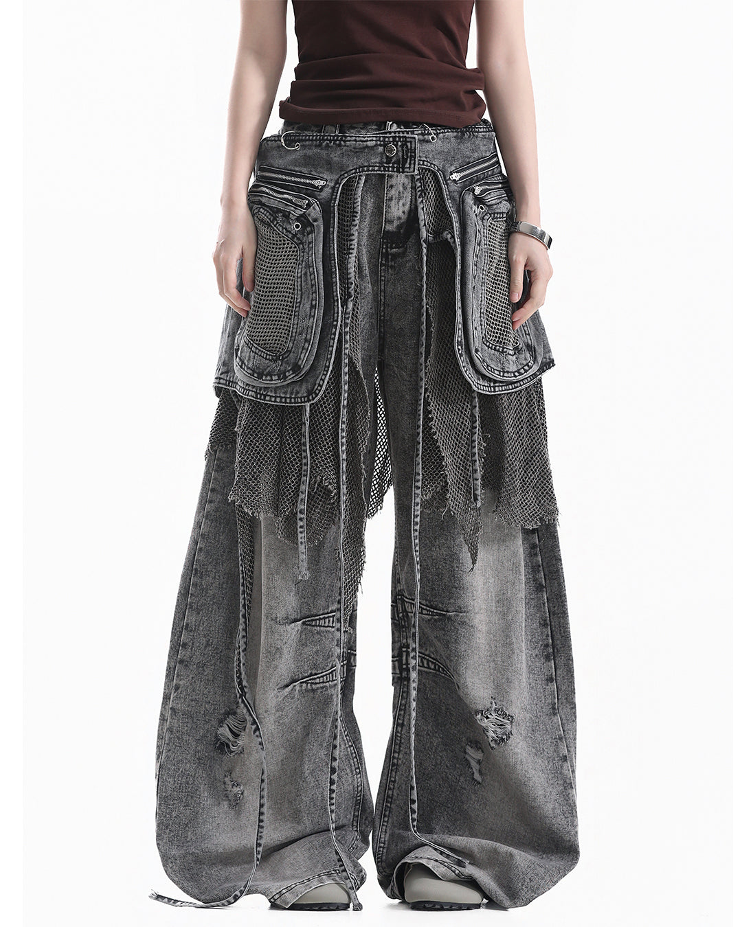 STREET CONVERTIBLE CARGO SCIMITAR DENIM PANTS - BLACK &amp; GREY