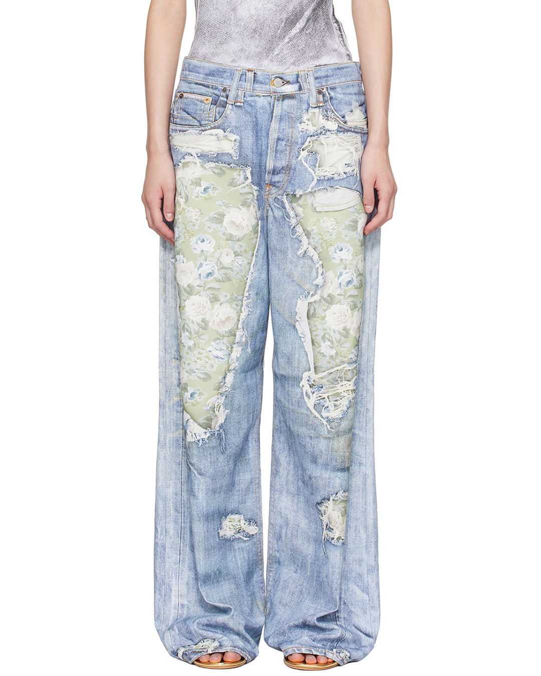 MID-SUMMER ROSE 3D WHISKER-WASHED DISTRESSED JEANS - BLUE