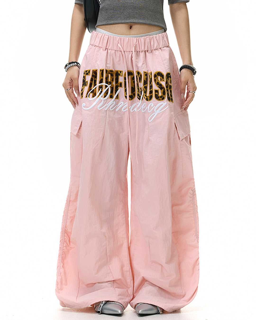 LEOPARD LETTER EMBROIDERY PARACHUTE PANTS - PINK