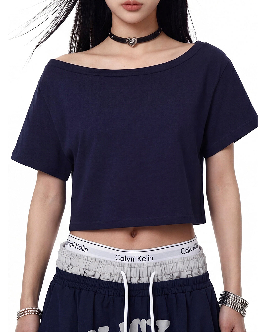 ASYMMETRIC OFF-SHOULDER CROPPED T-SHIRTS - NAVY BLUE