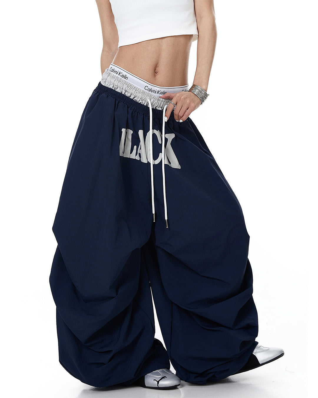 DOUBLE-WAIST LETTER PRINT PARACHUTE PANTS - NAVY BLUE