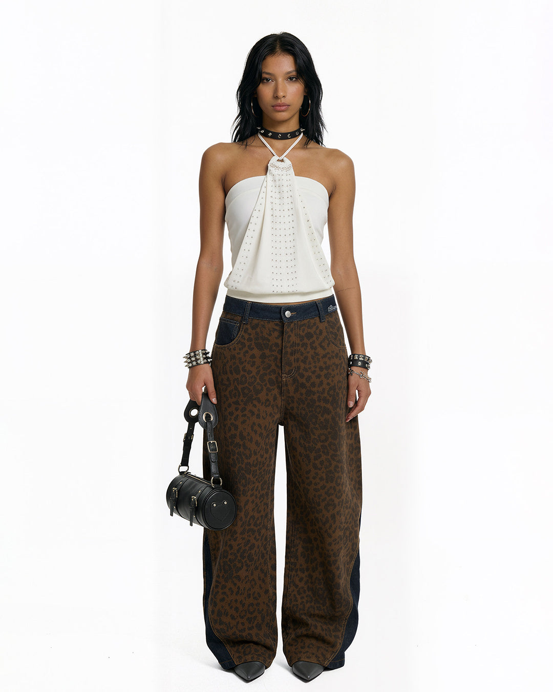 VINTAGE RIVET DETAIL FAUX TWO-PIECE CAMI TOPS - WHITE
