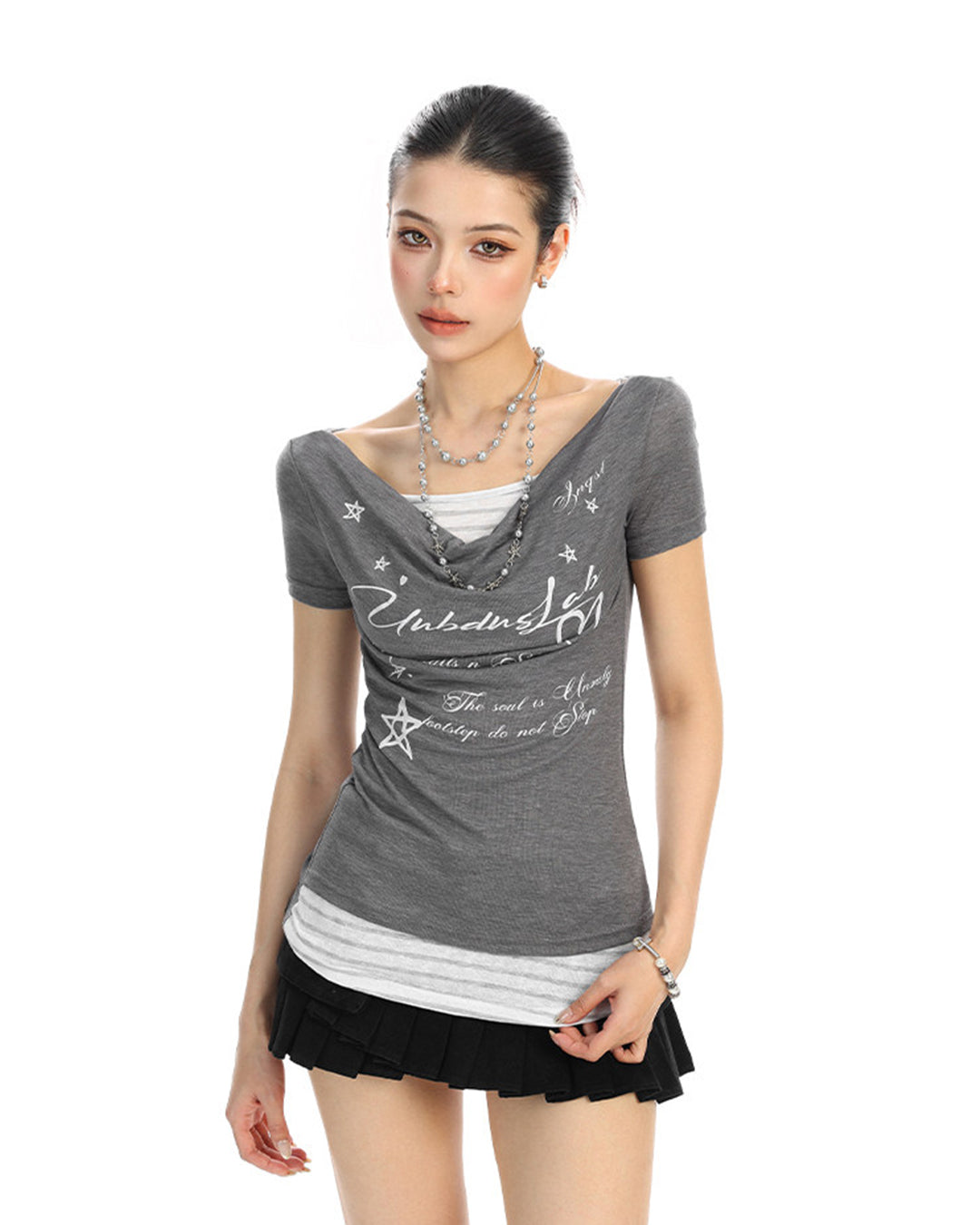 GRAPHIC LETTER LAYERED-LOOK DRAPED T-SHIRTS - GREY