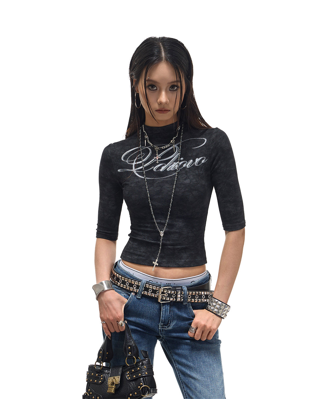 DISTRESSED MARBLE TEXTURE 3/4 SLEEVE T-SHIRTS - BLACK