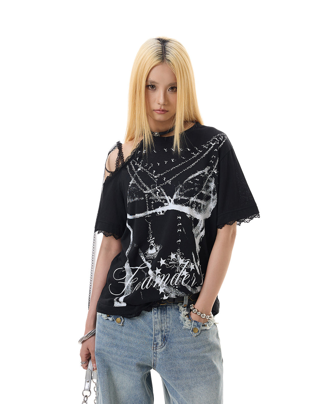 BIKINI PRINT LACE PANEL OFF-SHOULDER T-SHIRTS - BLACK