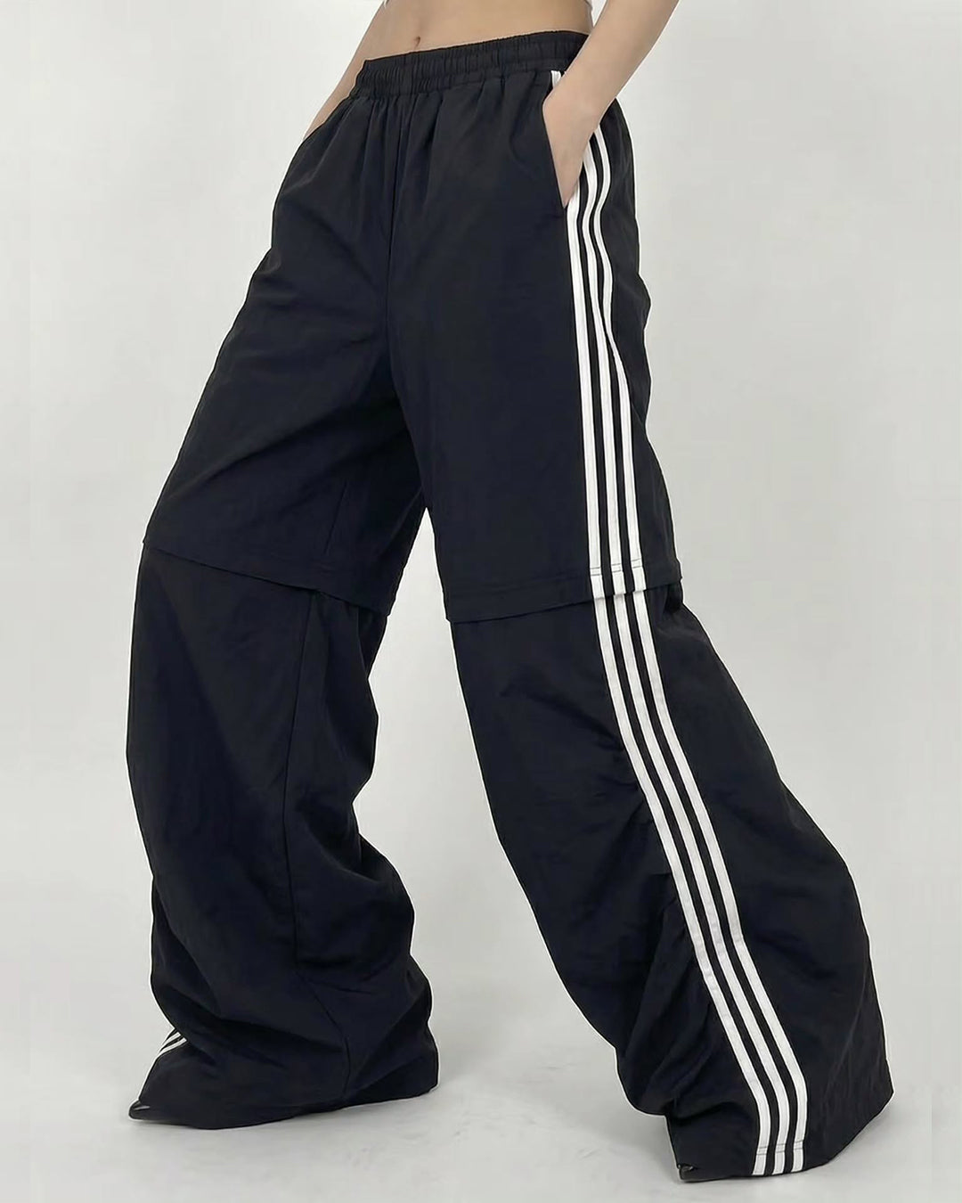 STRIPED DETACHABLE-LEG QUICK-DRY PANTS - BLACK