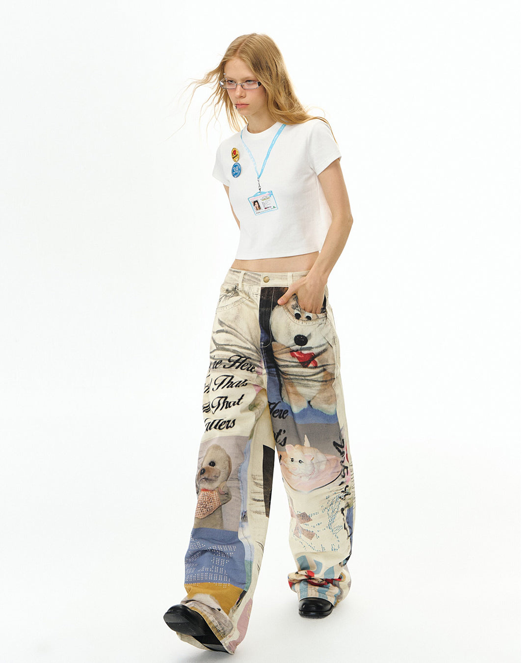 PLUSH PUPPY PRINT DENIM JEANS - OFF WHITE