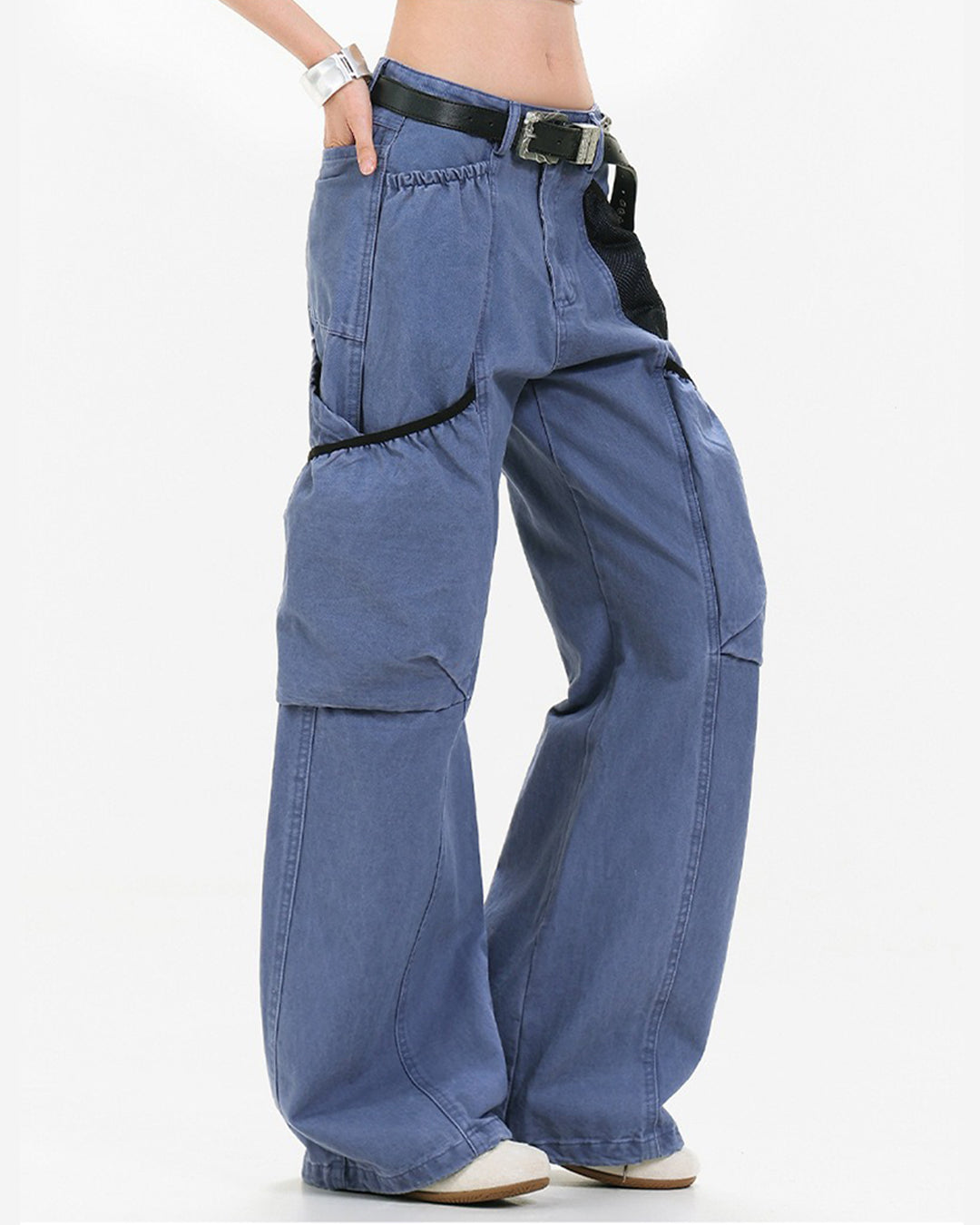 MESH BAG PATCHWORK MULTI-POCKET CARGO PANTS - BLUE