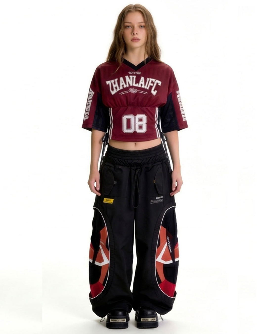 CONTRAST LACE-UP CROPPED JERSEY T-SHIRTS - RED