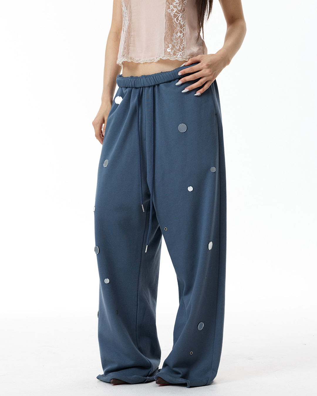 DISTRESSED SEQUIN STRAIGHT-LEG SWEATPANTS - MISTY BLUE