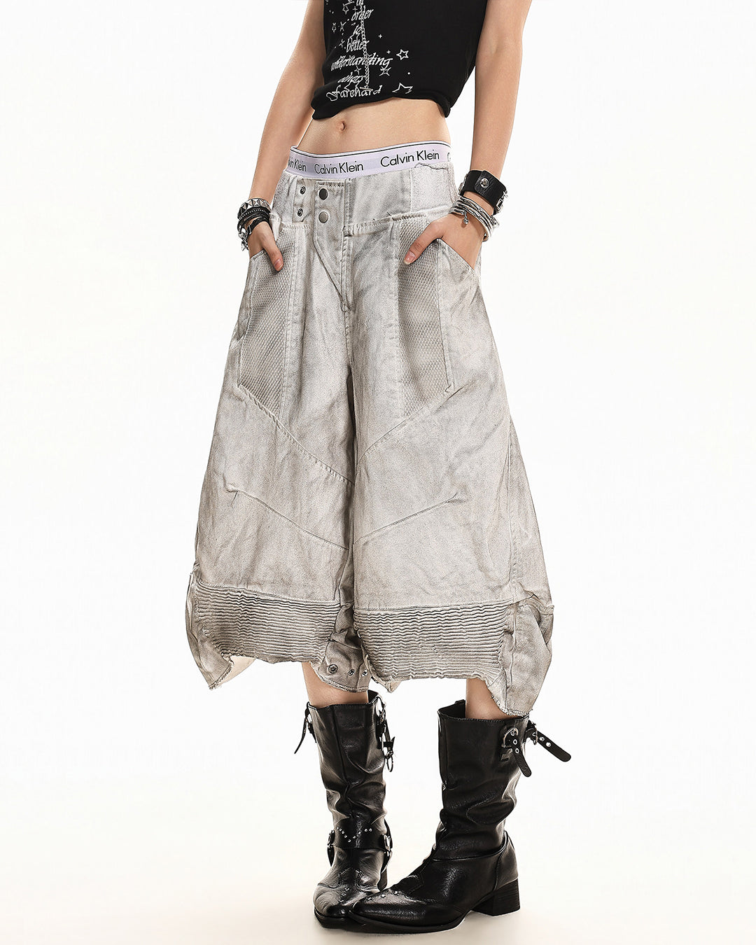DIRTY WASH DISTRESSED CROPPED DENIM JEANS - WHITE