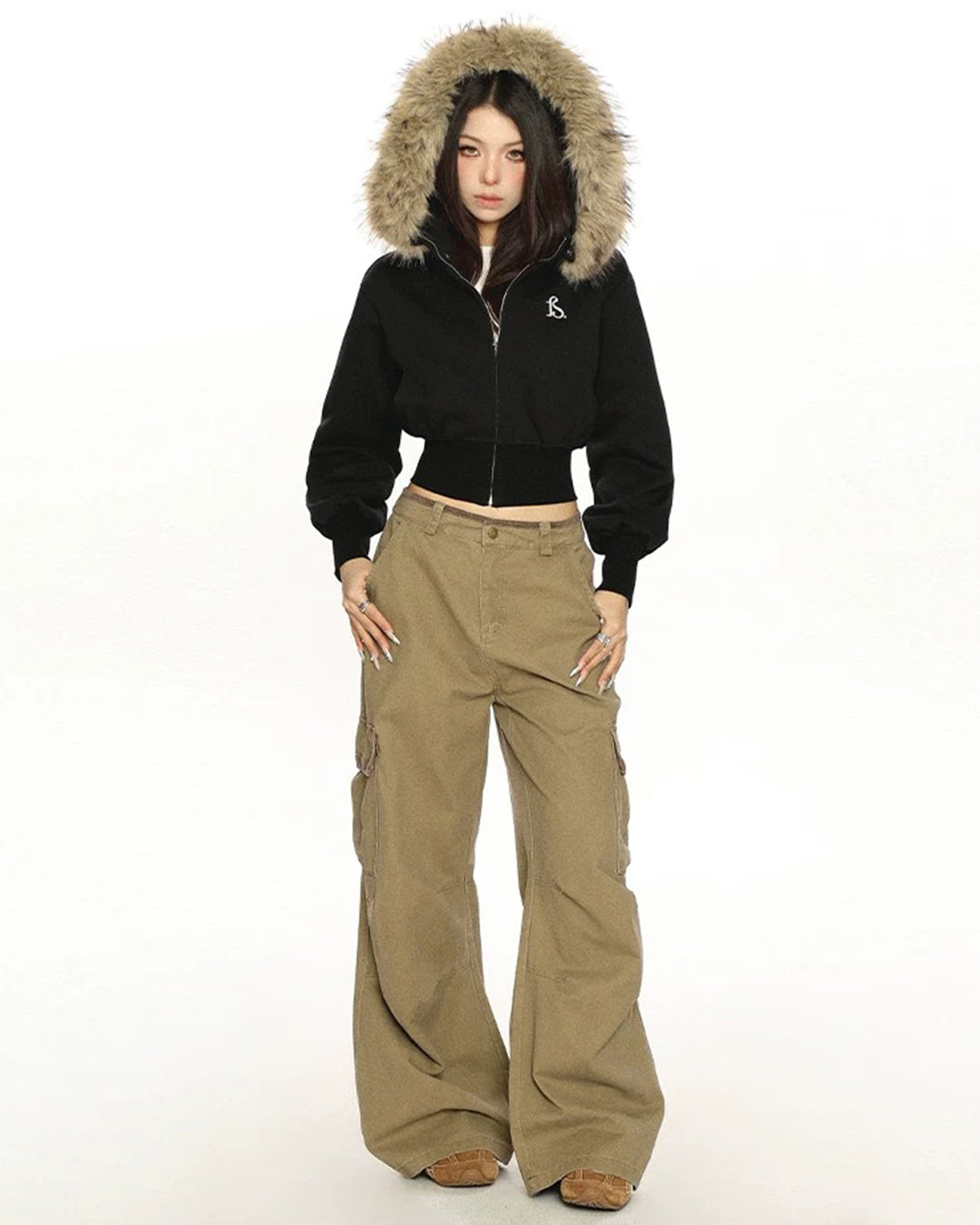 FUR COLLAR CROPPED ZIP HOODIES - BLACK