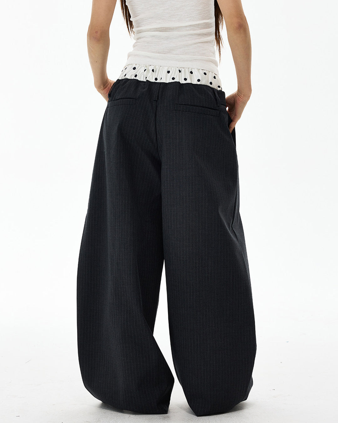 POLKA DOT DOUBLE WAIST STRIPED CASUAL PANTS - GRAY