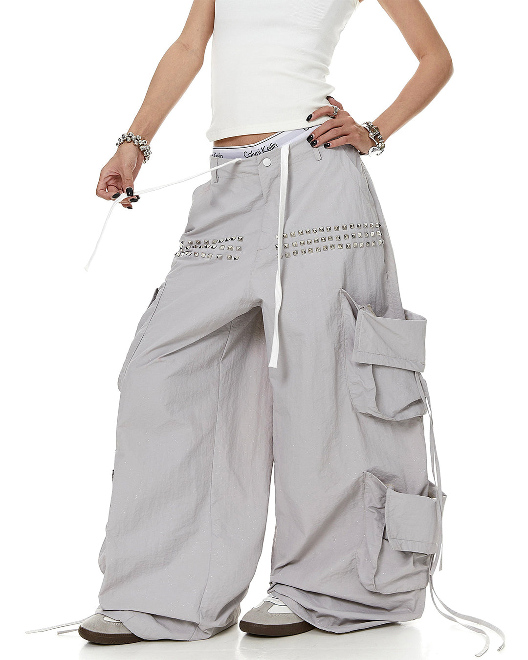 ALL-OVER SEQUIN STUDDED PARACHUTE CARGO PANTS -  GRAY