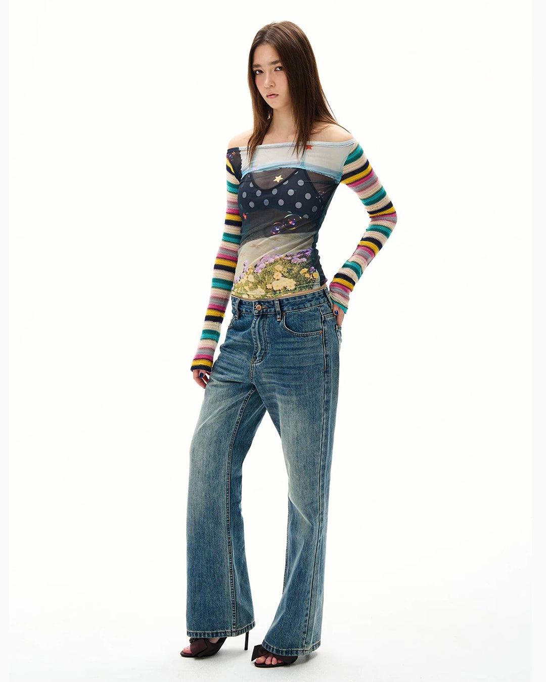 COLOR-BLOCK SEMI-SHEER STRIPED PATCHWORK TOPS - GREEN