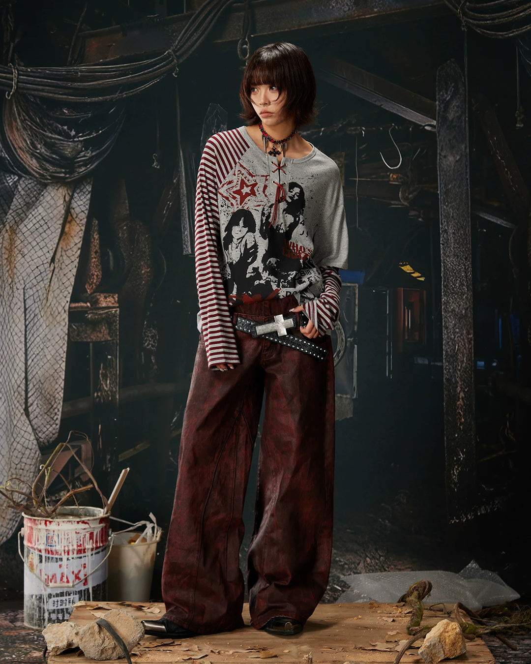 PUNK PATCHWORK STRIPED PRINT TOPS
