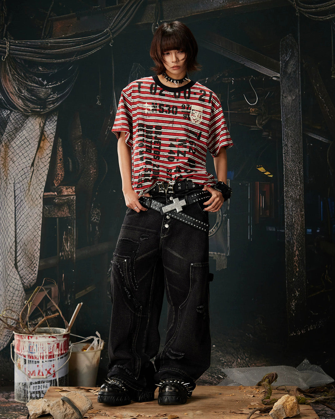 STRIPED PRINT COLORBLOCK T-SHIRT - RED