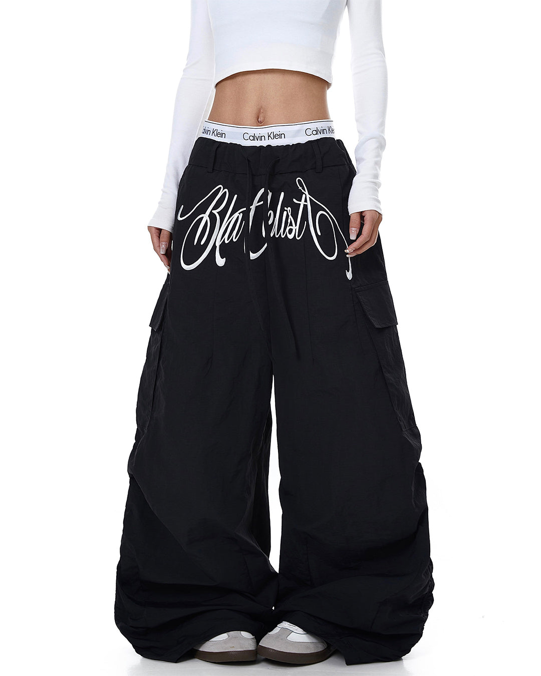 LETTER EMBROIDERED MULTI-POCKET PARACHUTE PANTS - BLACK – LAVISSI