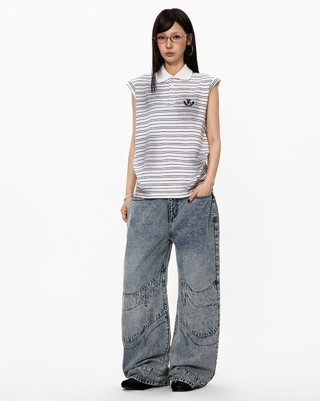 WAIST PANEL WASHED DENIM JEANS - BLUE